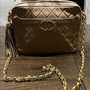Chanel Tan Quilted Crossbody Bag with Gold Chain